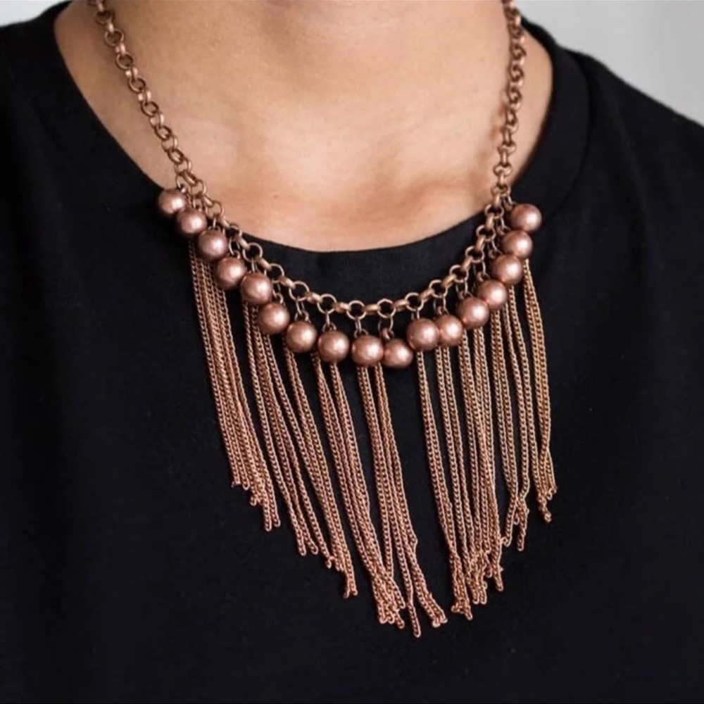 Statement Fringe Beaded Necklace in Copper